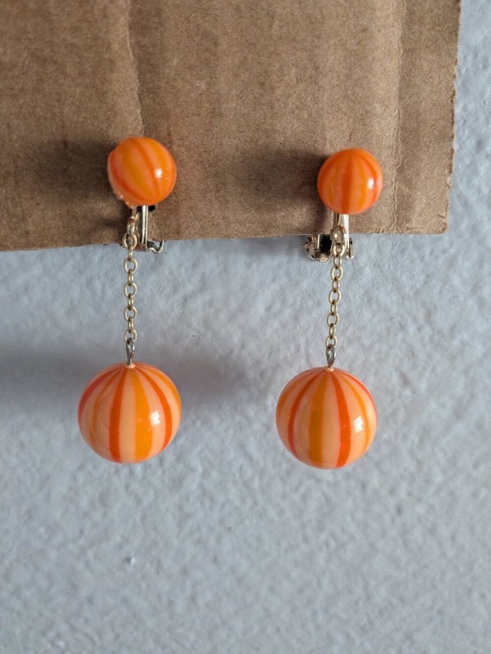 Vintage Orange Striped Ball Dangle Clip-On Earrings Mod Retr